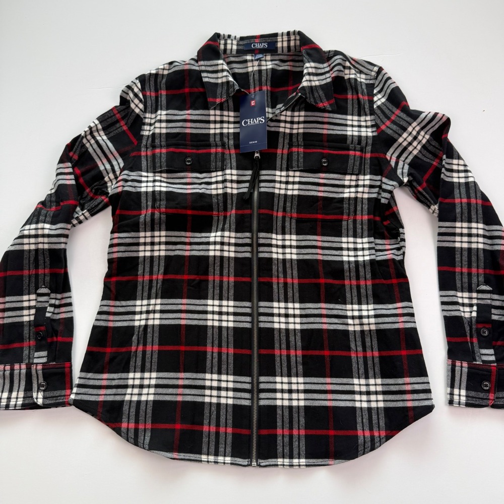 Chaps Denim Womens Black Red Plaid Full Zip Flannel Shirt M Warm Fitted Fall